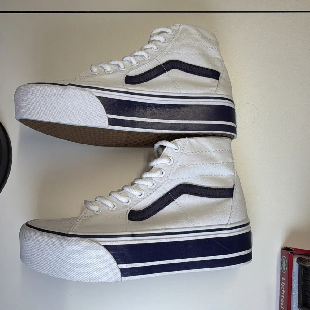 VANS Sk8-Hi Tapered Sport Platform Shoes White Canvas Navy Women 9‎ Men 7.5